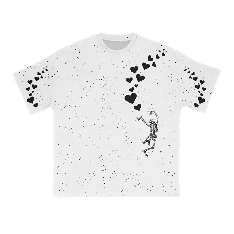 Unisex Dancing Skeleton Heart Print T-shirt - White - 8XL - image 3
