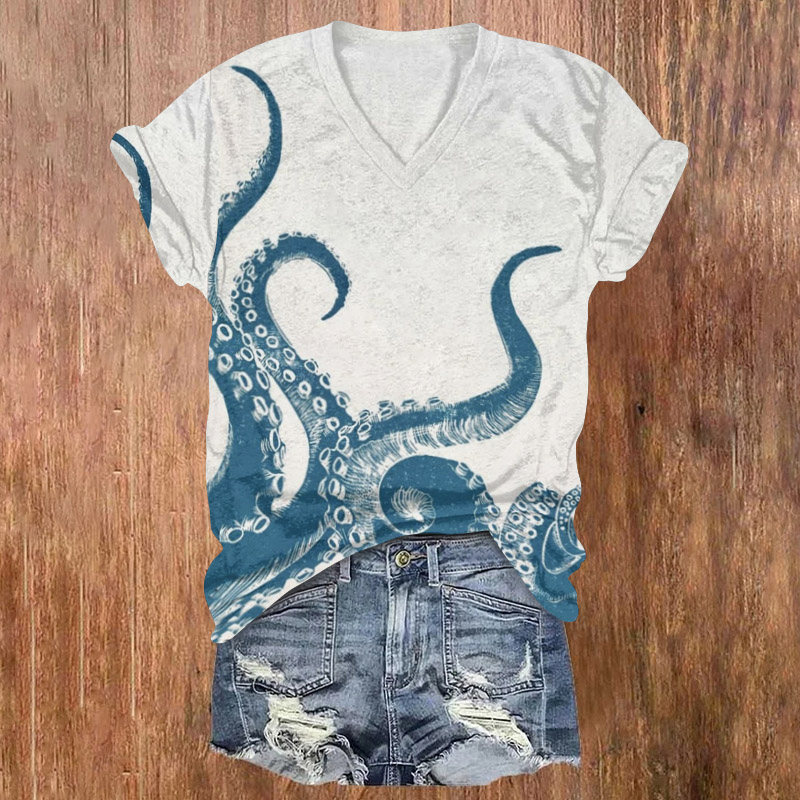 Japanese Octopus Print Print V-neck T-shirt - White - 5XL - image 1