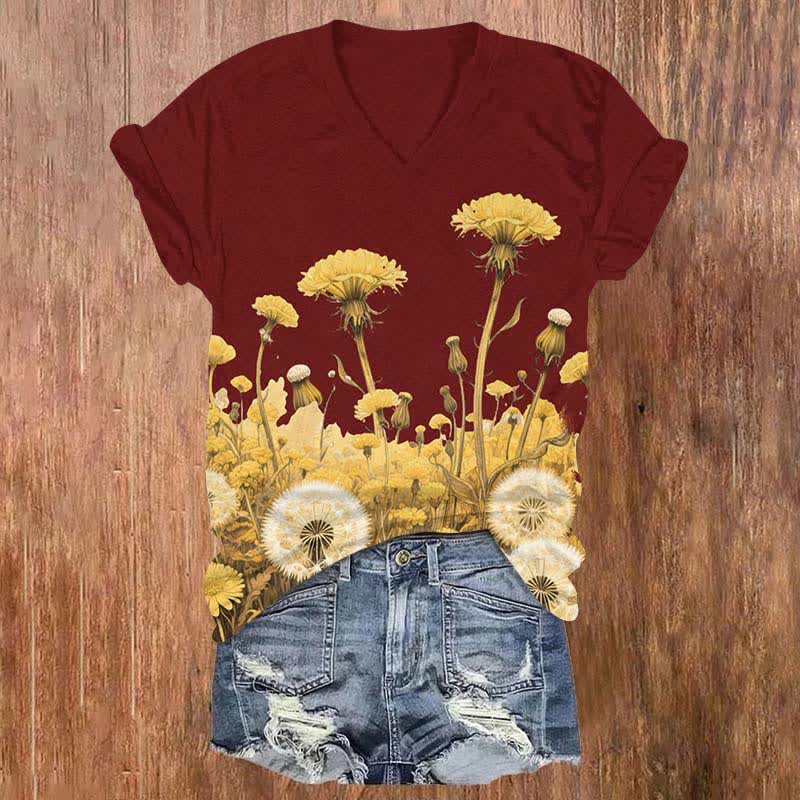 Japanese Vintage Sunflower & Dandelion Art Print V-neck T-shirt - Red - US32-34(5XL) - image 5