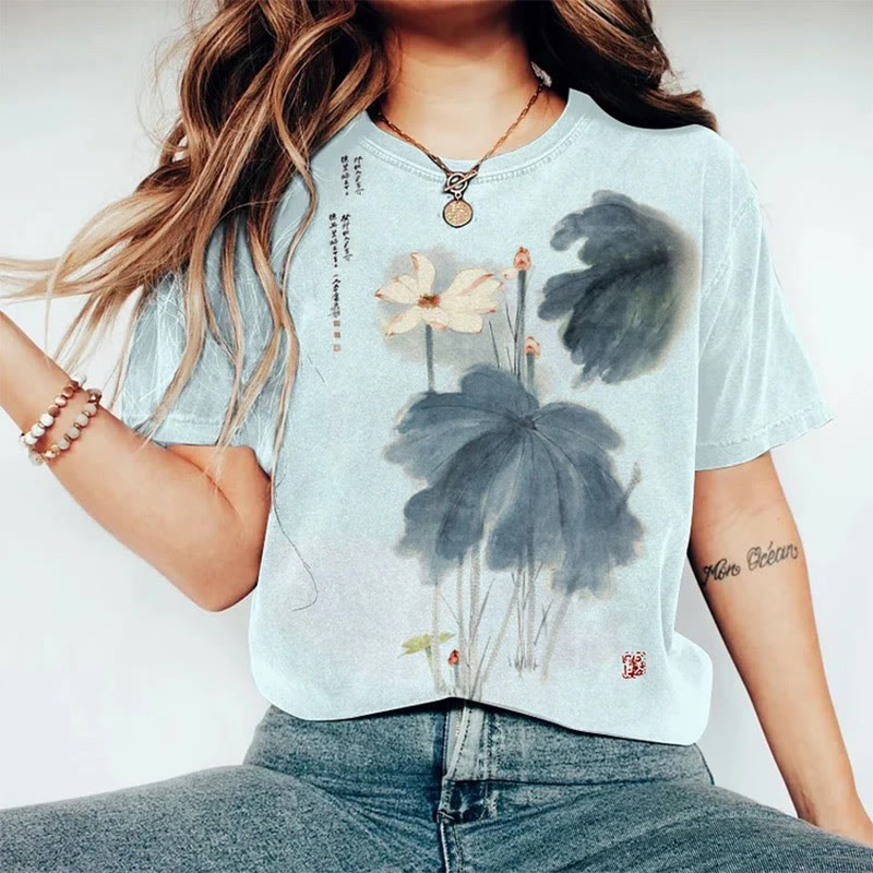 Women's Japanese Retro Orchid Ink Painting Art Print Round Neck T-shirt - Light Blue - 8XL - image 3