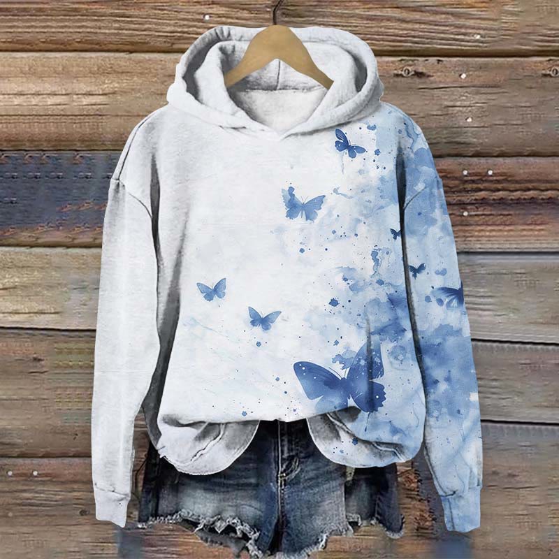 Gradient Nature Inspired Butterfly Graphic Art Print Long Sleeve Hoodie - Blue - US44-46(8XL) - image 2
