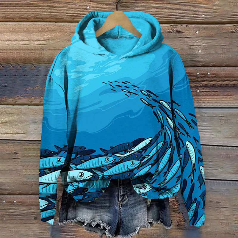 Fish School On The Seabed Print Long Sleeve Hoodie - Blue - 8XL - image 1