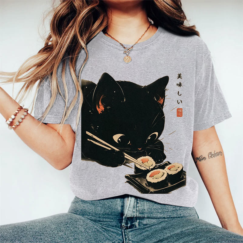 100% Cotton Japanese Black Cat Eating Sushi Art Print Casual T-shirt - Grey - 2XL - image 4