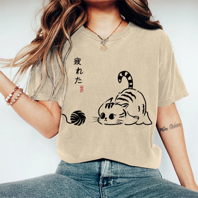100% Cotton Women's Japanese Tired Playing Cat Art Print Casual T-shirt - Khaki - 2XL - image 2