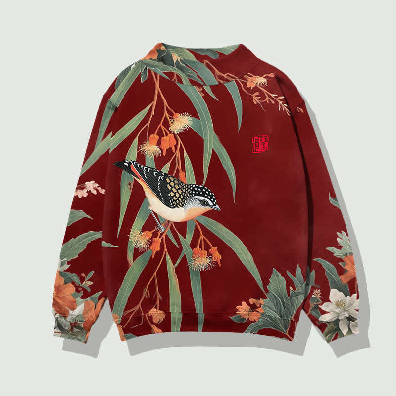 Japanese Vintage Little Bird Pattern Print Mock Neck Sweatshirt - Red - 4XL - image 3