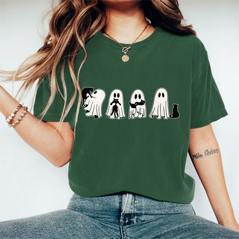 100% Cotton Halloween Ghost Playing With Cats Art Print T-shirt - Dark Green - 2XL - image 8