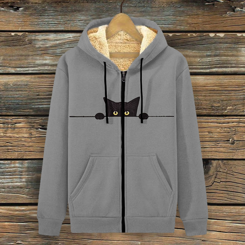 Women's Funny Peeping Little Cat Art Fleece Jacket - Grey - 4XL - image 3