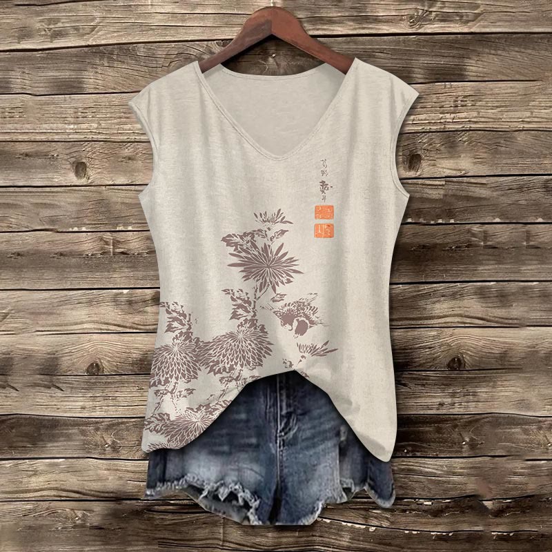 Vintage Chrysanthemum Print V-neck Tank Top - Apricot - 5XL - image 6