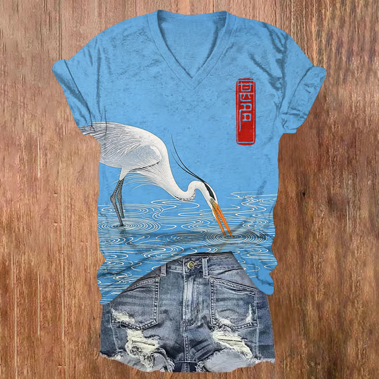 Japanese Vintage Egret Drinking Water Pattern Print Short Sleeved V-Neck T-Shirt - Blue - US32-34(5XL) - image 3