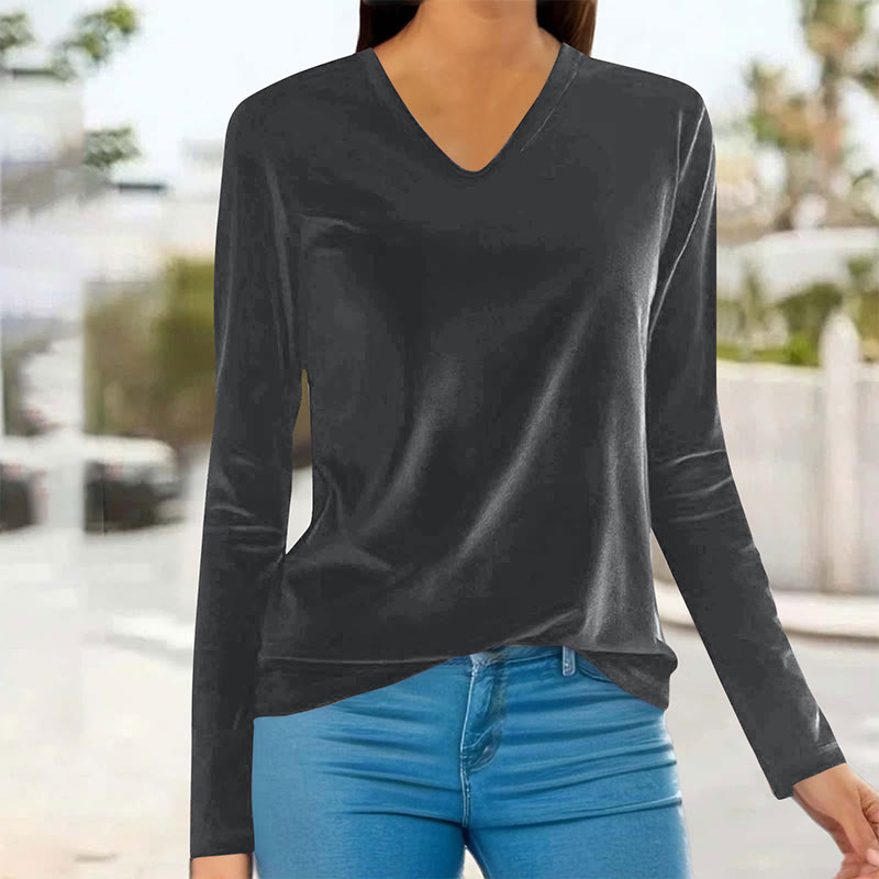 Velvet Solid Color Women's Versatile Slim Fit Long Sleeve V-Neck T-Shirt - Grey - 3XL - image 3