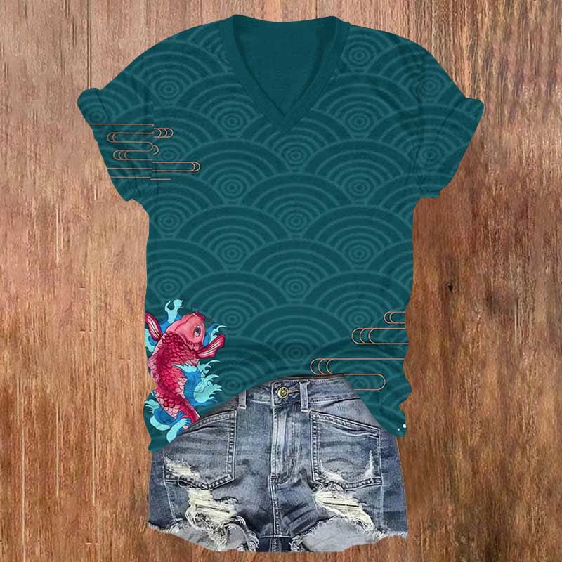 Japanese Koi With Shell & Cloud Patterns Print V-neck T-shirt - Green - US32-34(5XL) - image 2