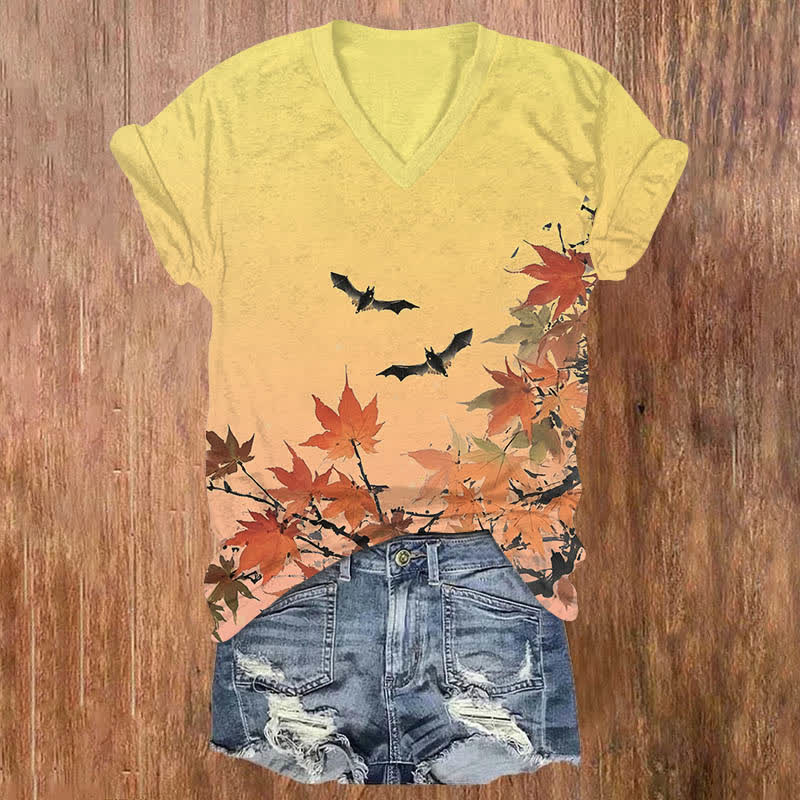 Halloween Vintage Bat Flying Over Maple Tree Print V-neck T-shirt - Yellow - US32-34(5XL) - image 3