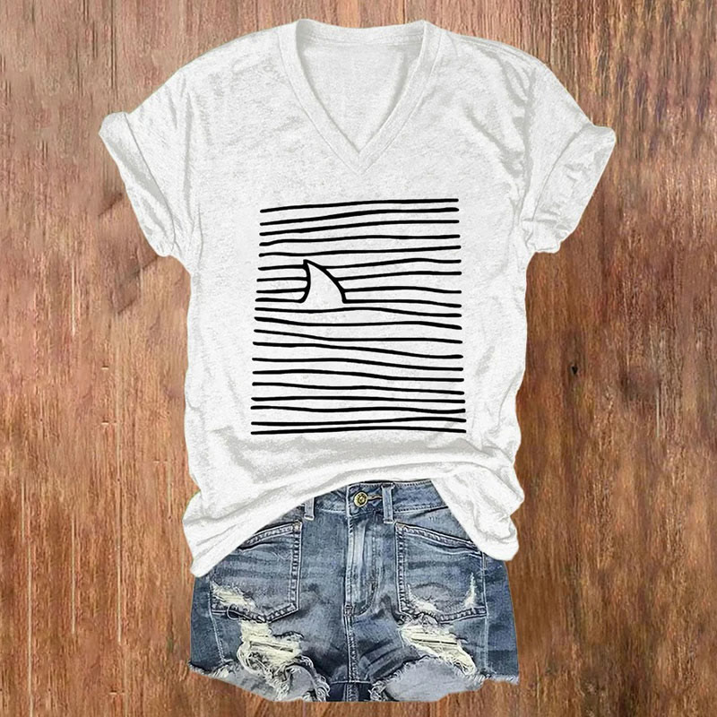 Women's Shark Art Print V-neck T-shirt