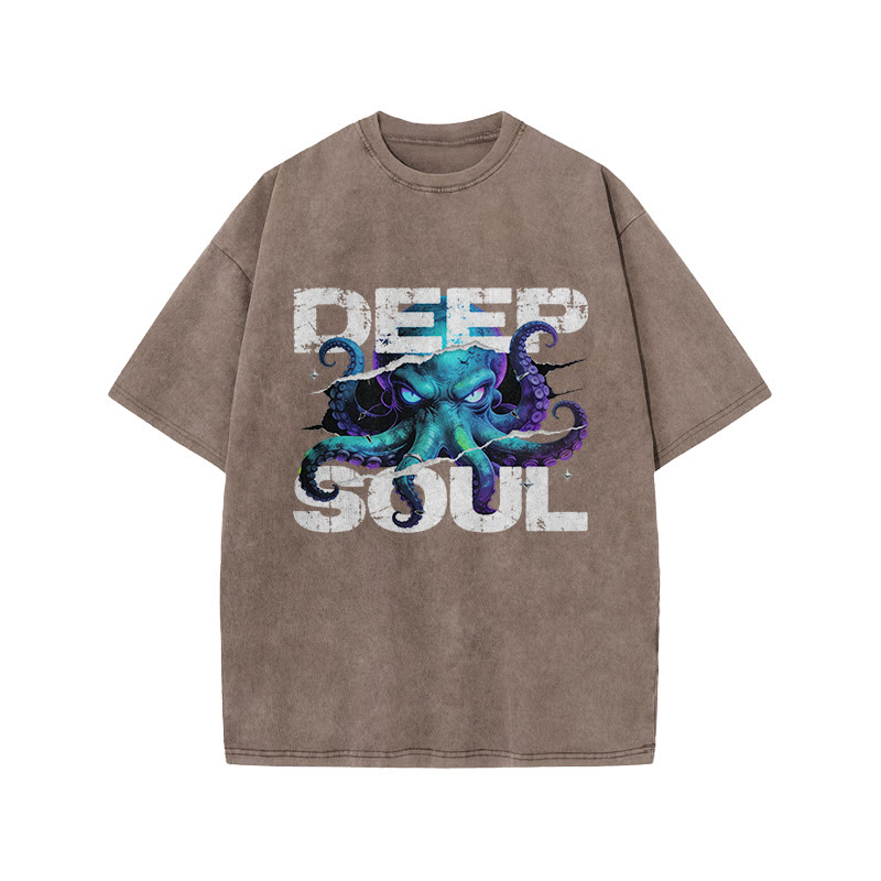 Deep Soul Octopus Print Acid Washed T-shirt - Coffee - US20-22(3XL) - image 4