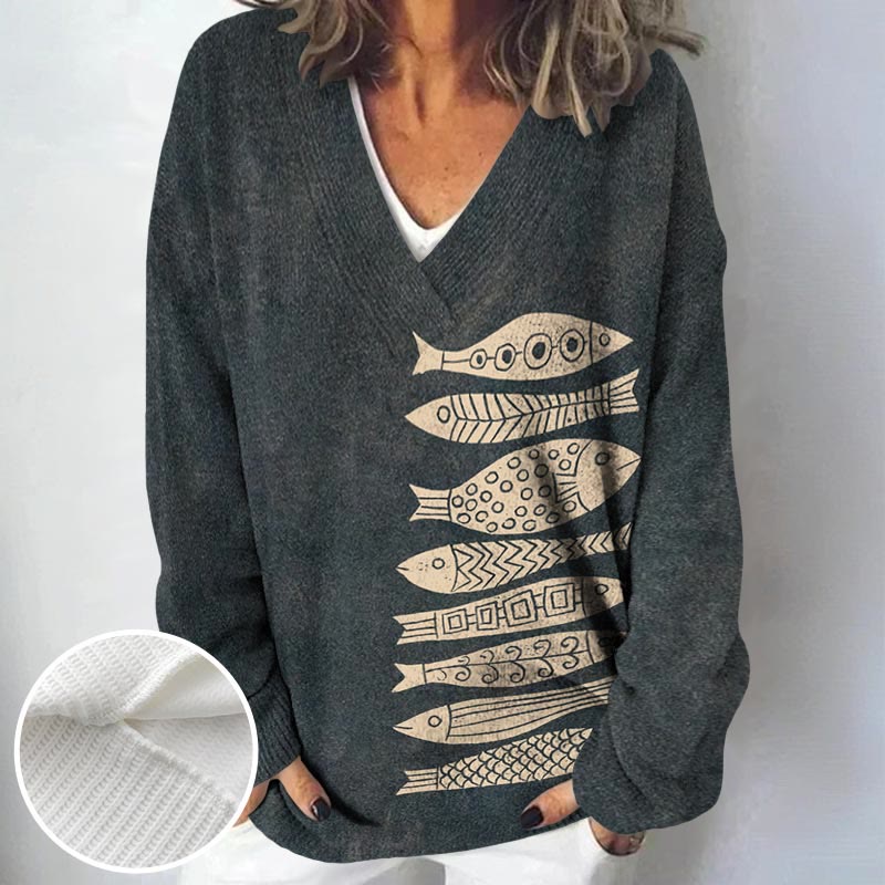 Fish Japanese Lino Art print causal V-neck Pullover Sweater - image 5