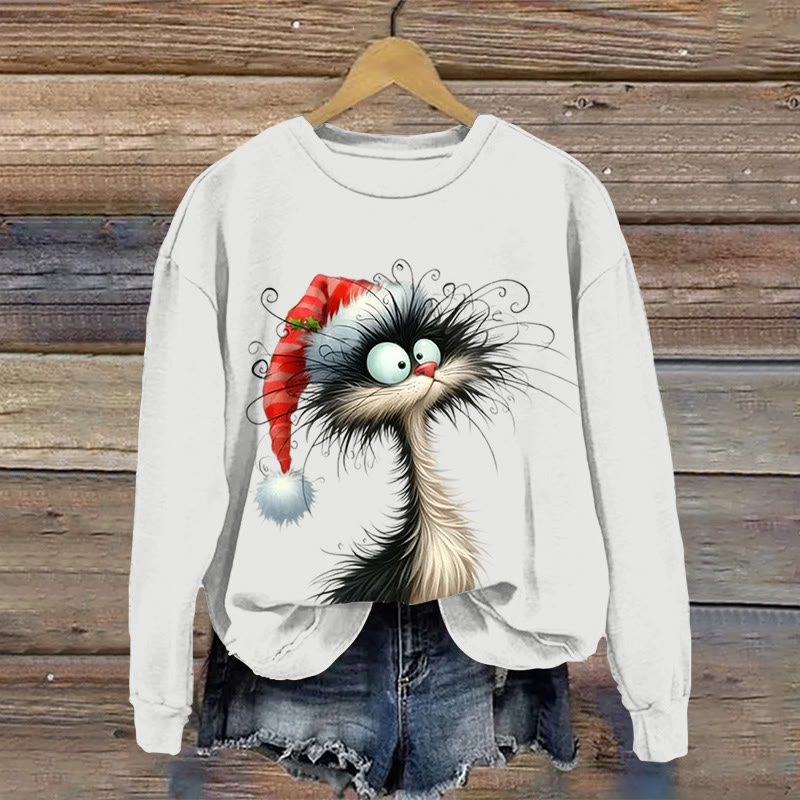 Christmas Cat Pattern Print Long Sleeve Sweatshirt - White - US16-18(2XL) - image 2