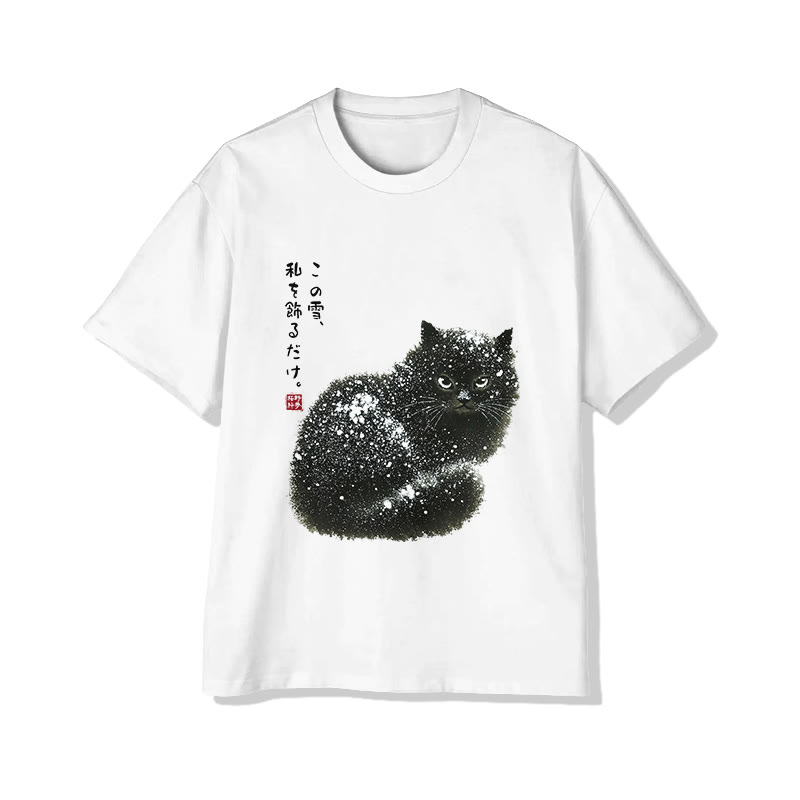 Unisex Japanese Cat  Print Short Sleeved Crew Neck T-Shirt - White - 2XL - image 3