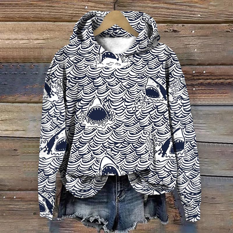 Shark Jaws & Wave Print Long Sleeve Hoodie - Blue - 8XL - image 1