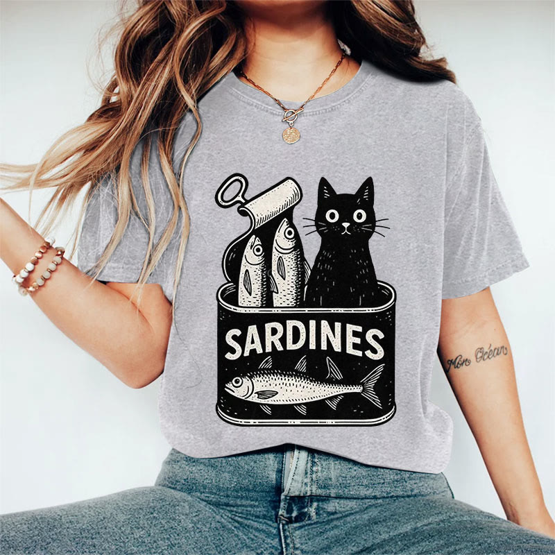 100% Cotton Women's Lovely Canned Sardines & Black Cat Art Print Casual T-shirt - Grey - 2XL - image 4