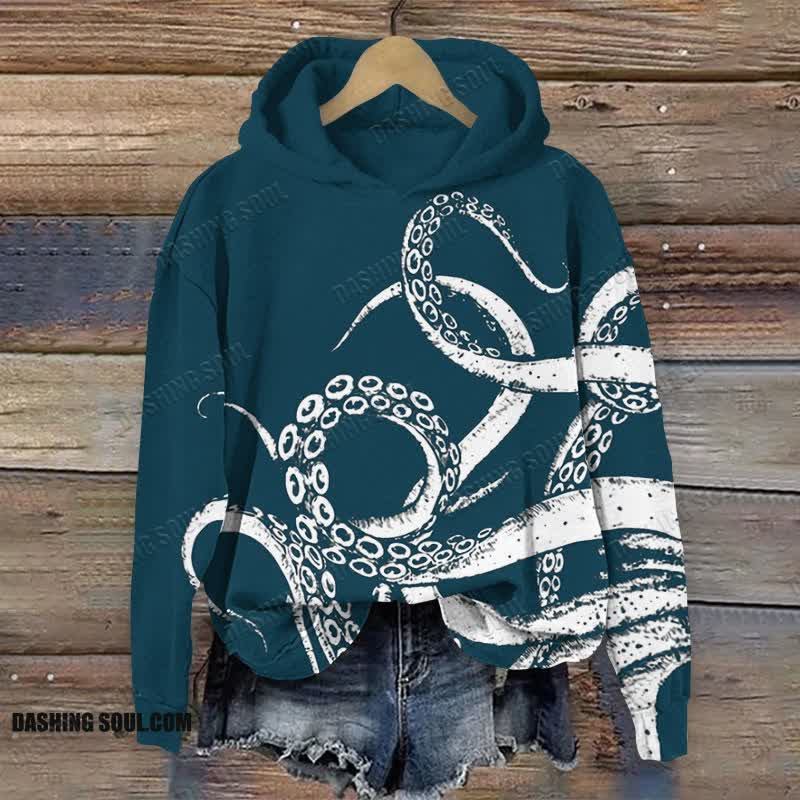 Contrast Octopus Tentacles Print Long Sleeve Hoodie