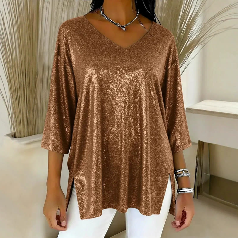Sparkly Hem slit V-Neck Top - Brown - 3XL - image 4