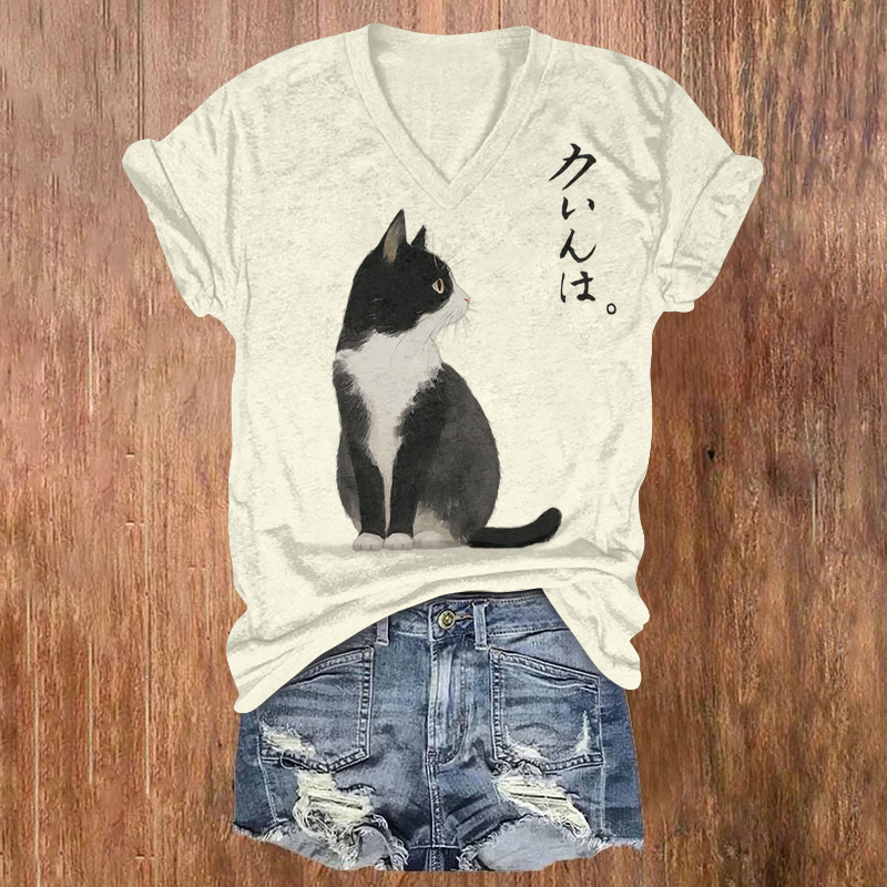 Japanese Lovely Cat Print Short Sleeved V-neck T-shirt - Beige - US32-34(5XL) - image 1