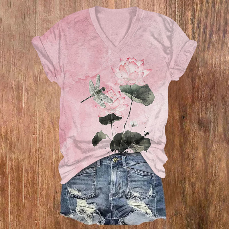 Watercolor Lotus Blossom & Dragonfly Art Print V-neck T-shirt - Pink - US32-34(5XL) - image 2