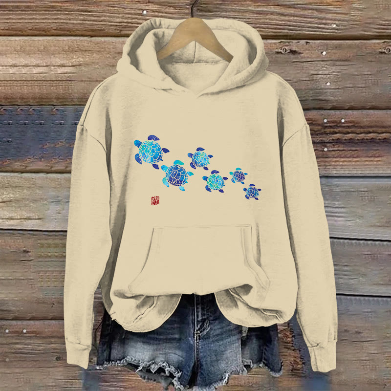 100% Cotton Cute Sea Turtle Print Women's Hoodie - Khaki - 2XL - image 6