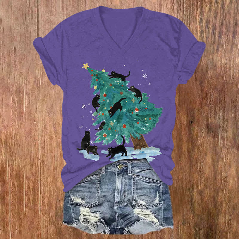 Oil Painting Cats Playing Around Christmas Tree Print V-neck T-shirt - Purple - US32-34(5XL) - image 8