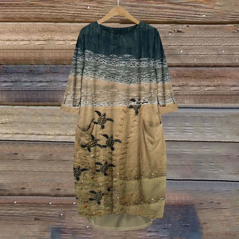 Baby Sea Turtles Beach Fiber Art Print Crew Neck Casual Dress
