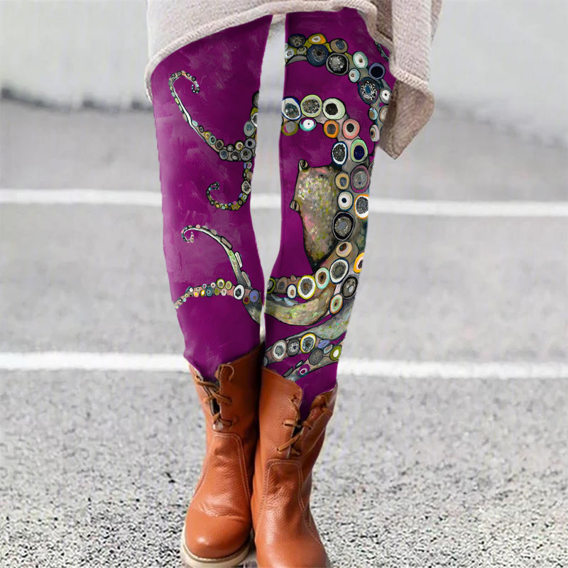 Colorful Octopus Oil Painting Print Leggings - Purple - 5XL - image 5
