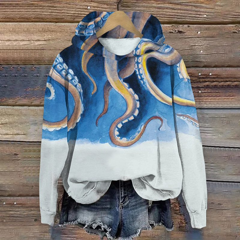 Japanese Style Blue And White Gradient Octopus Print  Long Sleeve Hoodie - Blue - 8XL - image 1