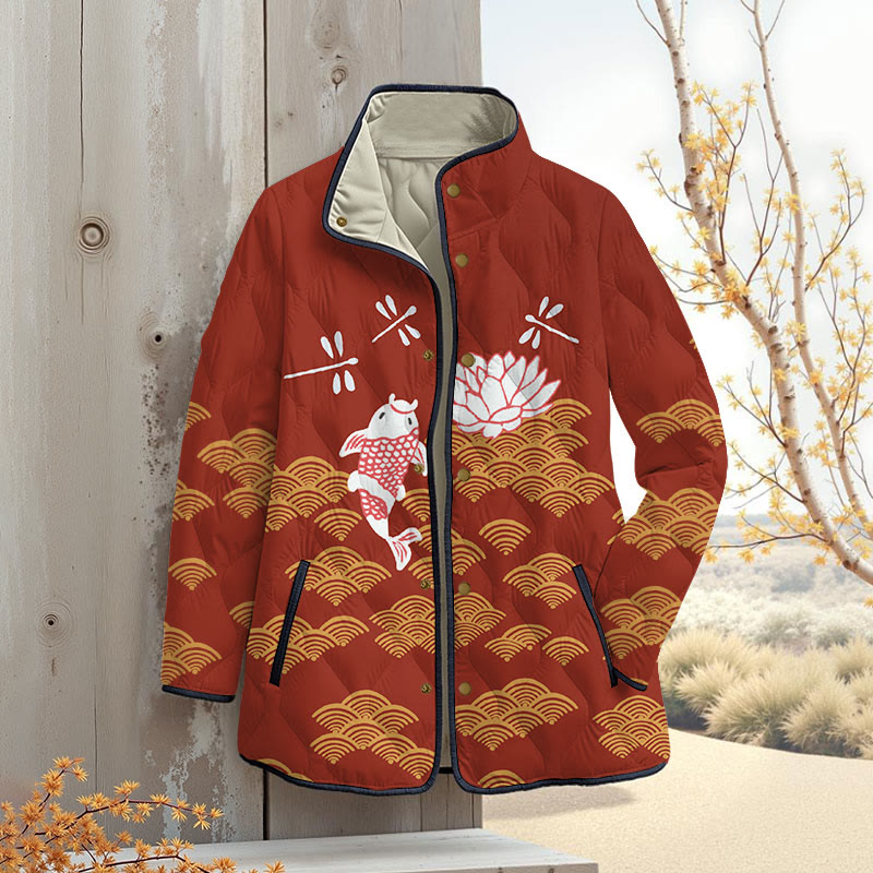 Japanese Style Koi Fish Dragonfly Wave Art Print Outerwear Jackets - Red - 4XL - image 4
