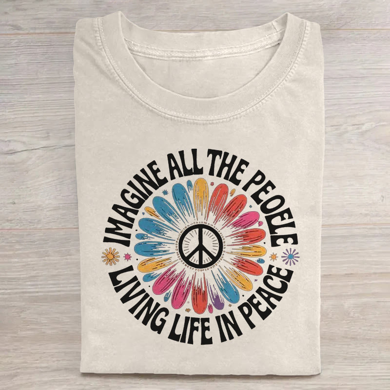  Imagine All The People Living Life In Peace Floral Daisy Sign Colorful Graphic Print Acid Washed T-shirt - Apricot - US20-22(3XL) - image 3