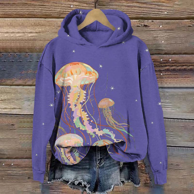 Creative Starry Rainbow Jellyfish Art Print Long Sleeve Hoodie - Purple - US44-46(8XL) - image 3