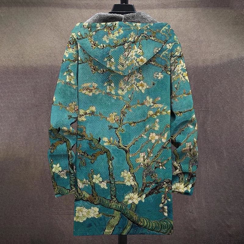 Cyan Retro Personalized Oil Painting Almond Blossoms Art Print Unisex Plush Thick Long-sleeved Fleece Jacket Coat - image 4