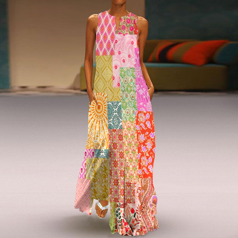 Vacation Bohemian Multicolor Floral Art Print Sleeveless Maxi Dress - Red - 5XL - image 3