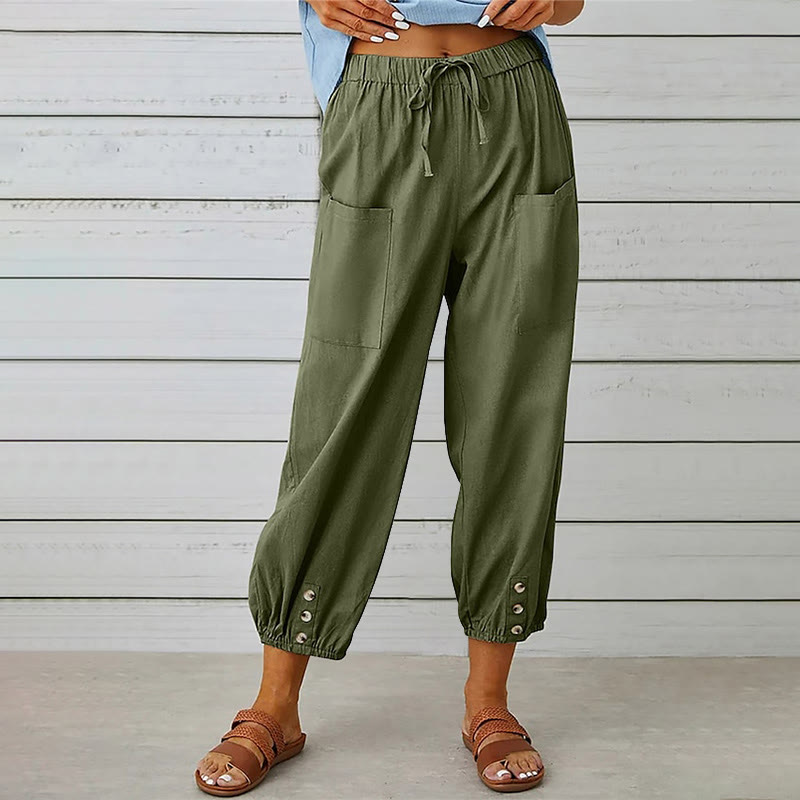 Women's Casual Loose Button Pocket Cropped Pants - Army Green - 4XL - image 4