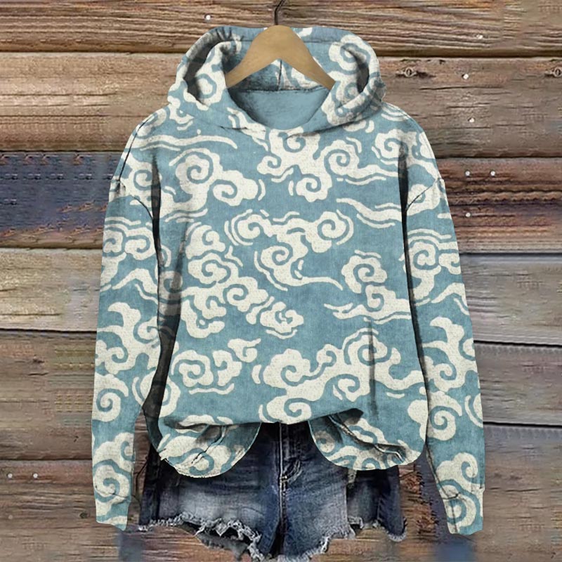 Clouds Ancient Japanese Lino Art Vintage Pattern Long Sleeve Hoodie - Blue - 8XL - image 1