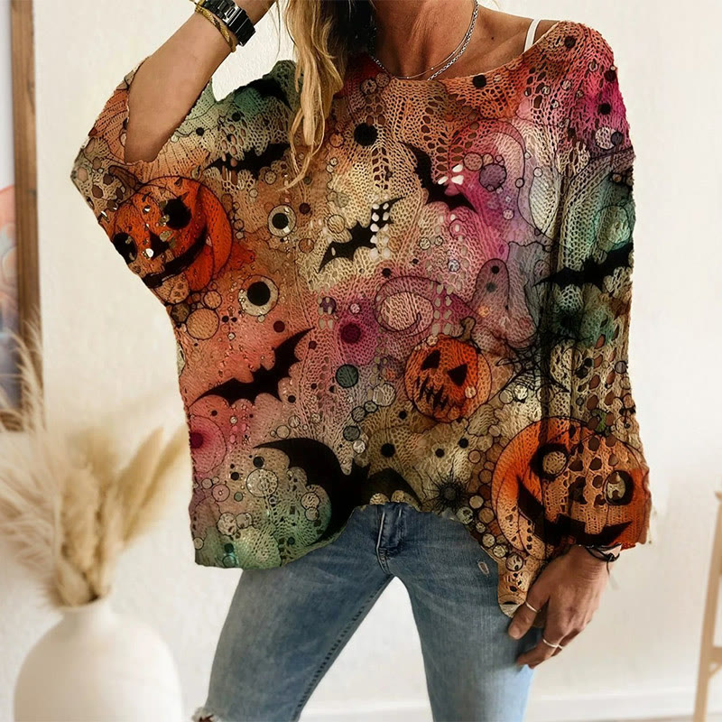 Hollow Halloween Pumpkin And Bat Print Sweater - Pink - 2XL - image 3