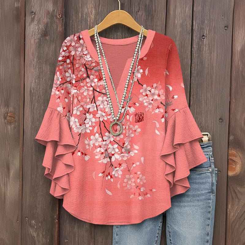Cherry Blossom Full Moon Japanese Art Gradient Print V-neck Half Sleeve Blouse - Red - 5XL - image 5