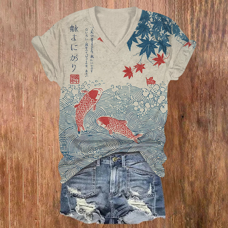 Japanese Style Koi Print Short Sleeved V-neck T-shirt - Apricot - US32-34(5XL) - image 1