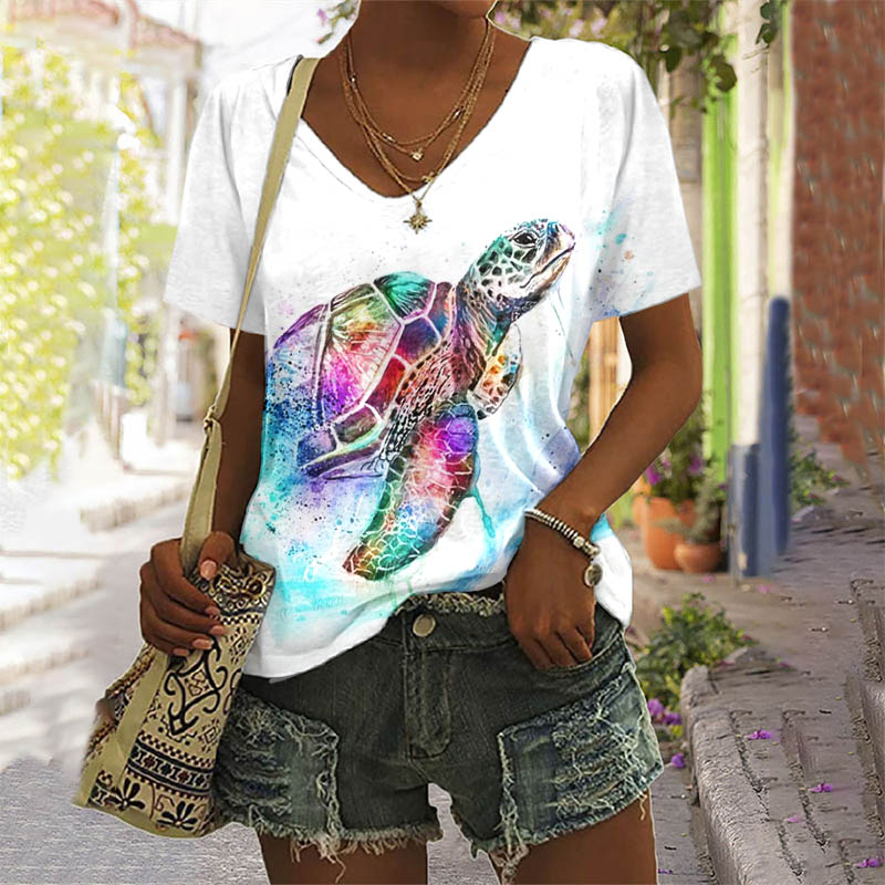 Creative Colorful Inkjet Turtle V-neck T-shirt - White - 5XL - image 1