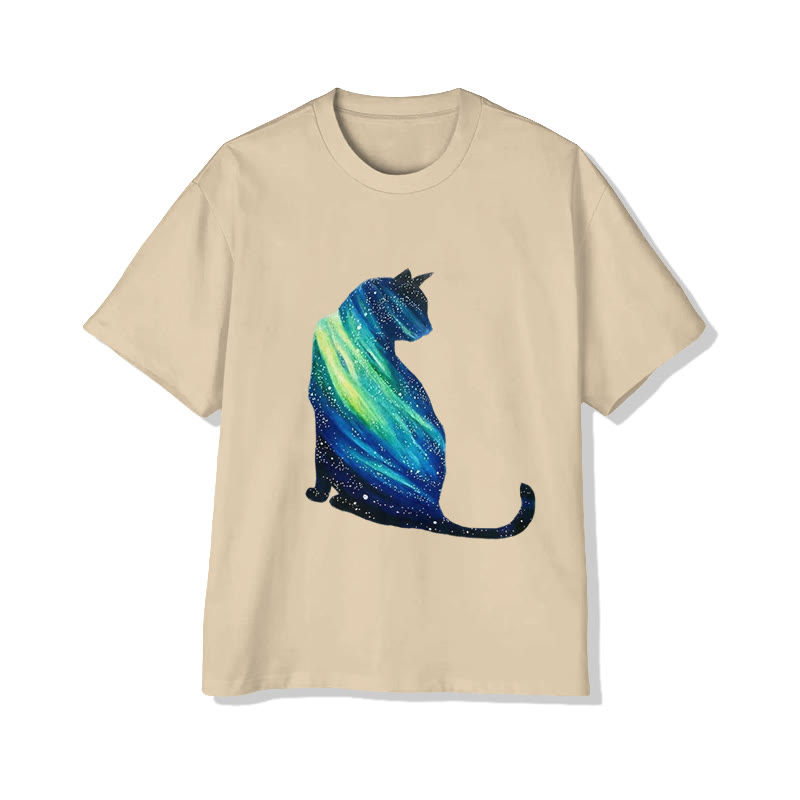 Unisex Creative Aurora Cat Pattern Print Short Sleeved Crew Neck T-shirt - Apricot - 2XL - image 3