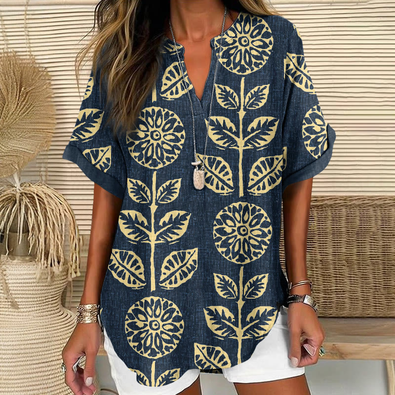 Boho Rubbing Sunflower Floral Pattern Pattern Print Short Sleeve Casual Blouse - Navy Blue - 5XL - image 6