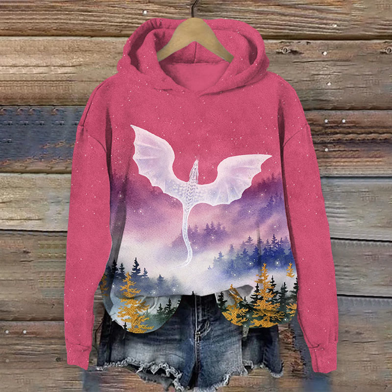 Watercolor Western Flying Dragon Print Long Sleeve Hoodie - Rose - US44-46(8XL) - image 2