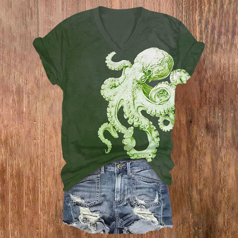 Creative Vivid Octopus Statue Art Print V-neck T-shirt - Green - US32-34(5XL) - image 2