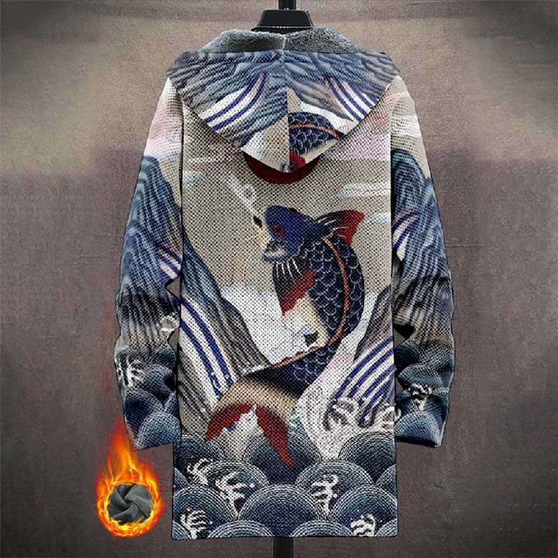 Japanese Abstract Wave ＆ Koi Fish Print Unisex Plush Thick Long-sleeved Fleece Jacket Coat - image 3