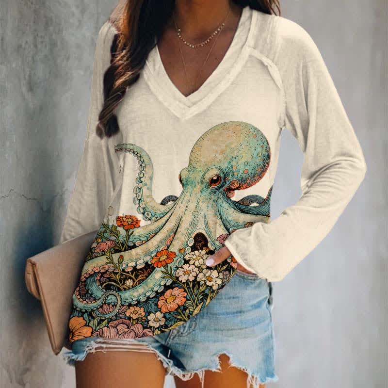 Vintage Octopus Surrounded By Flowers Print Long Sleeve T-shirt - Beige - 5XL - image 3