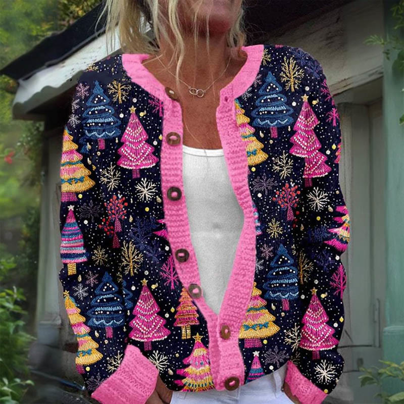 Women's Fantasy Christmas Tree Night Art Print Buttoned Cardigan Sweater - image 2